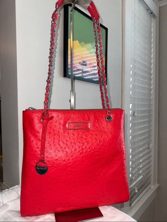 Dkny Handbags - DKNY Red Ostrich Embossed Leather Convertible Shoulder Bag Crossbody